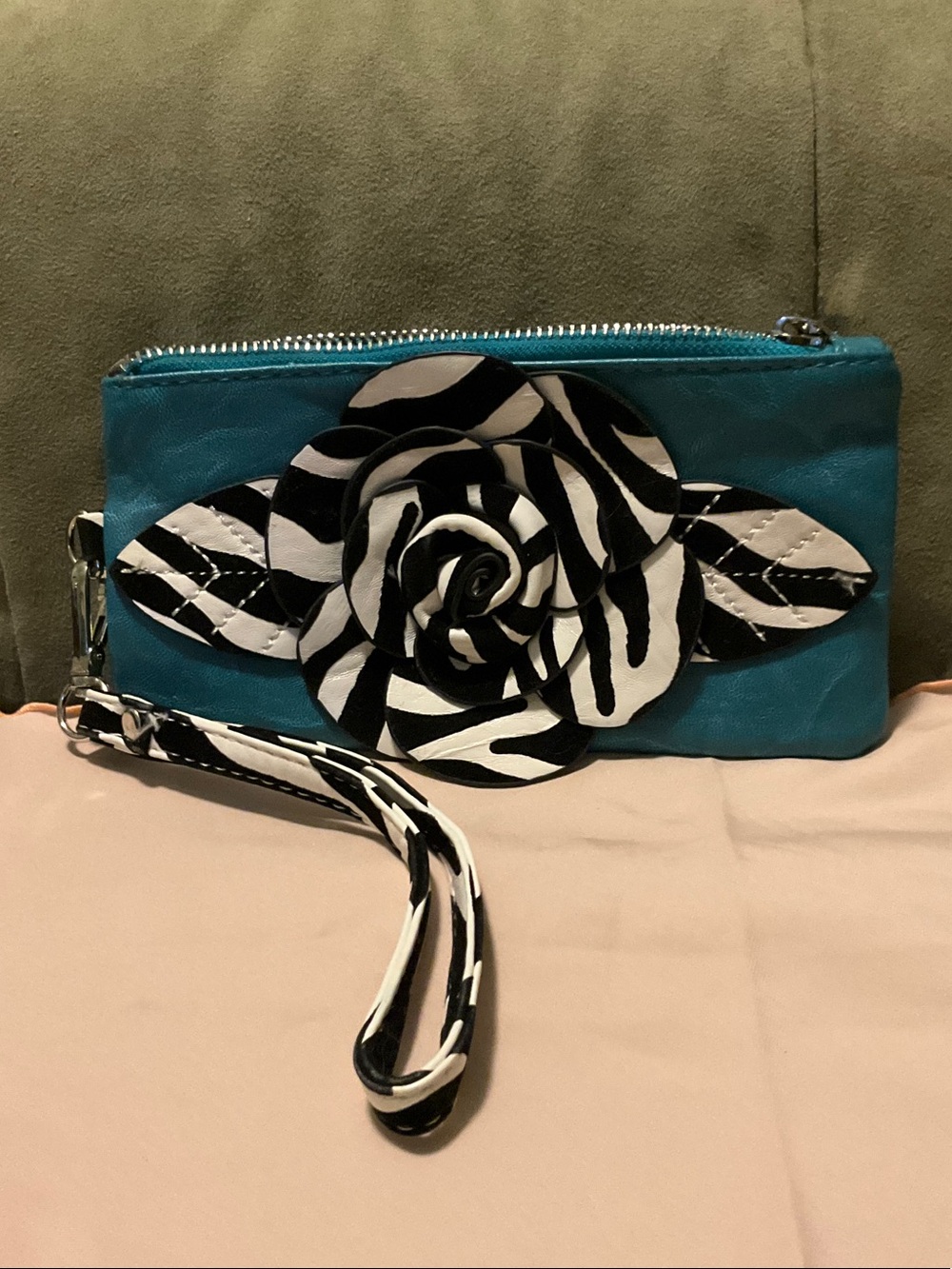 Teal Wristlet Clutch with Black & White Floral Accent
